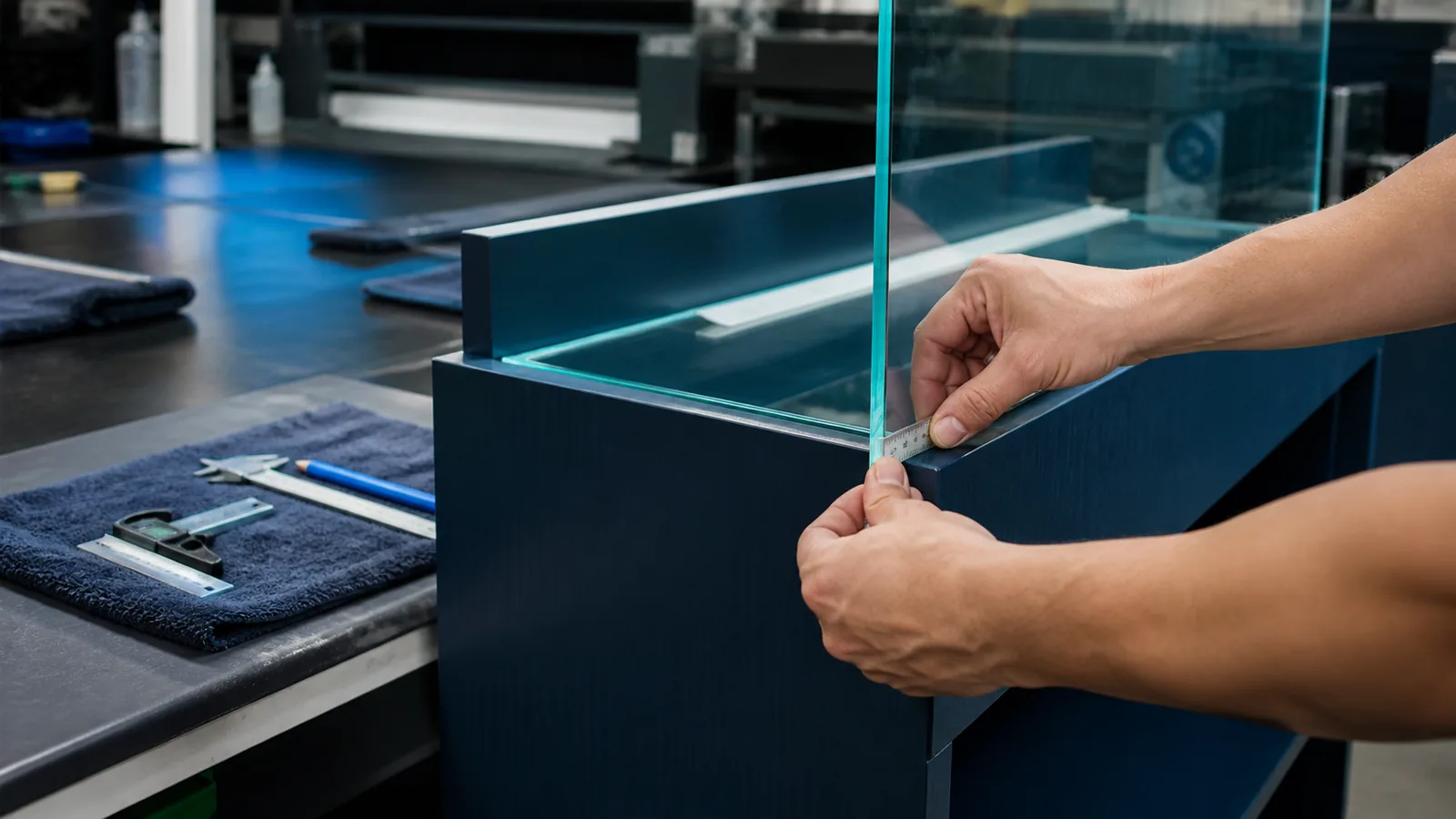 Profissional trabalhando com precisão na fabricação de um aquário