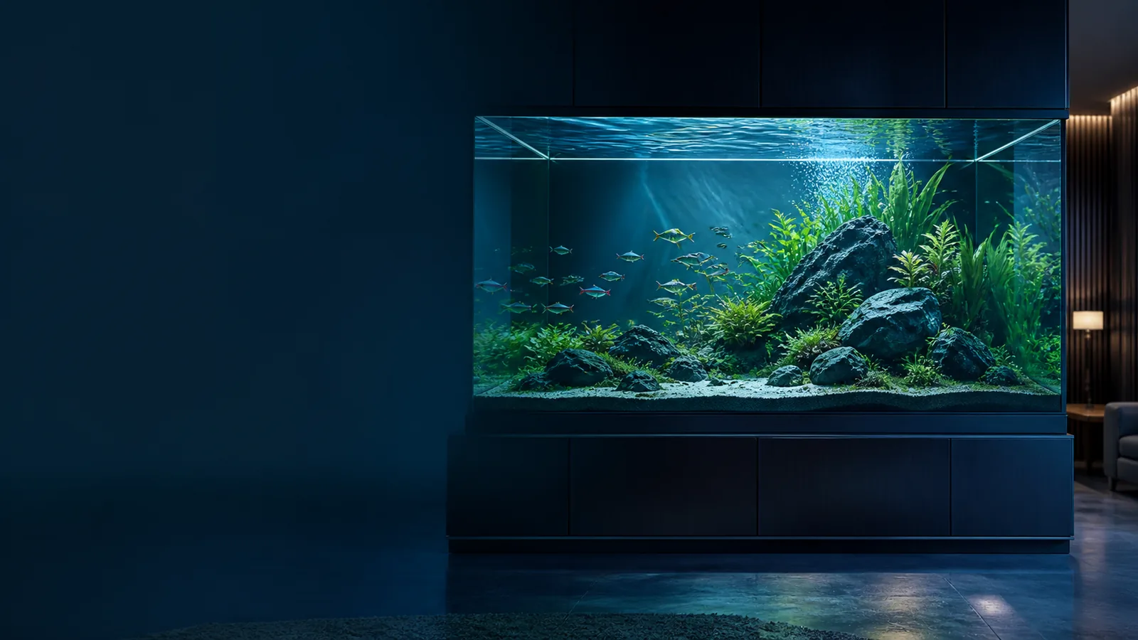 Aquário contemporâneo integrado a uma sala elegante