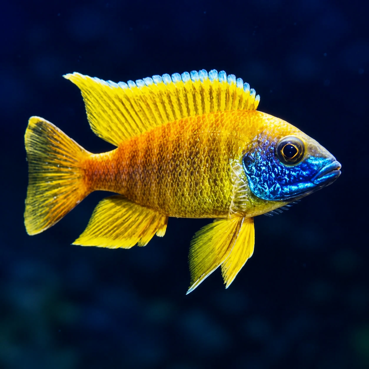 Aulonocara Yellow Maleri amarelo com região azulada na cabeça