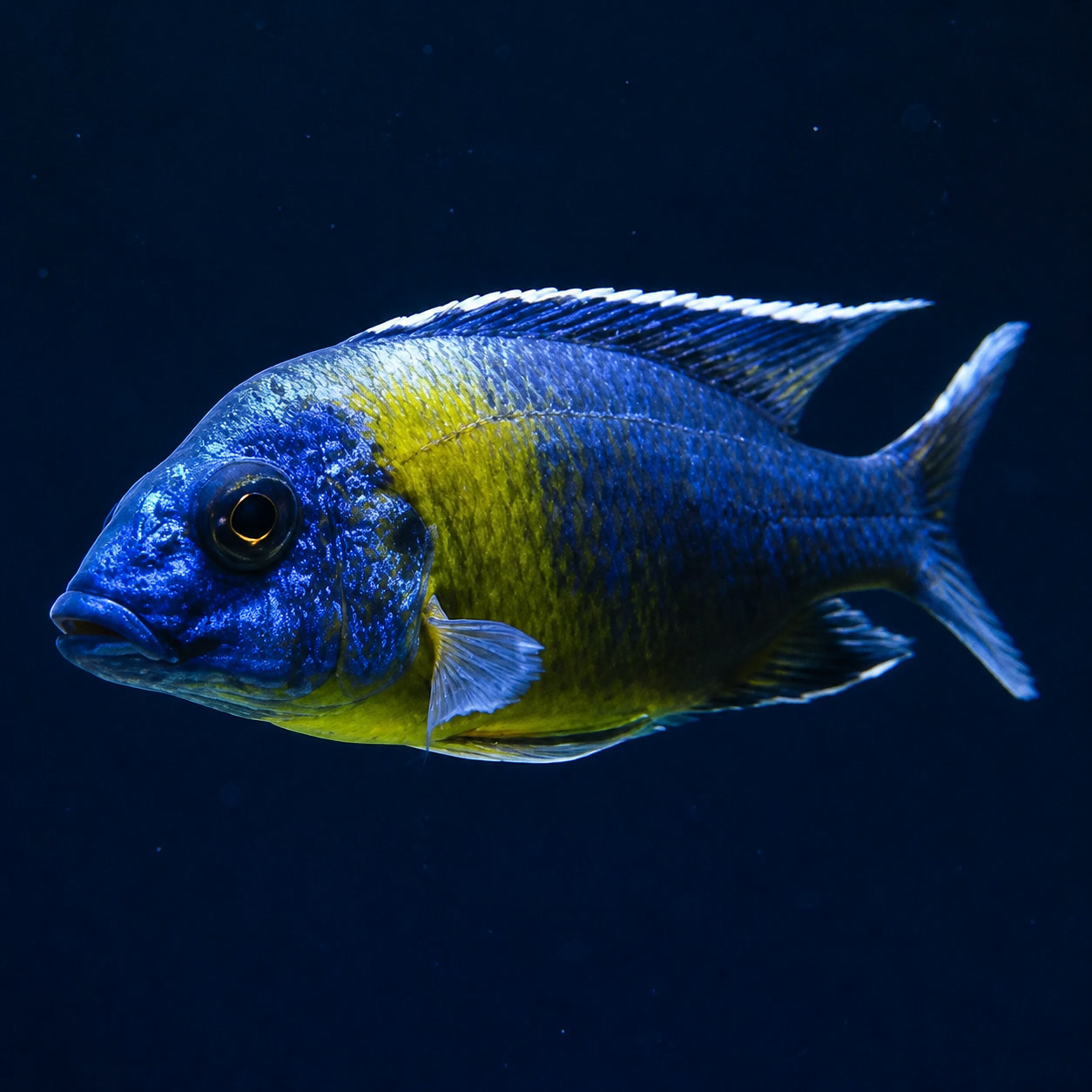 Aulonocara Bicolor Maulana macho azul com faixa amarelada